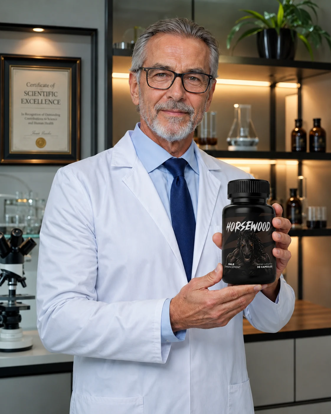 Doctor holding Horsewood supplement bottle